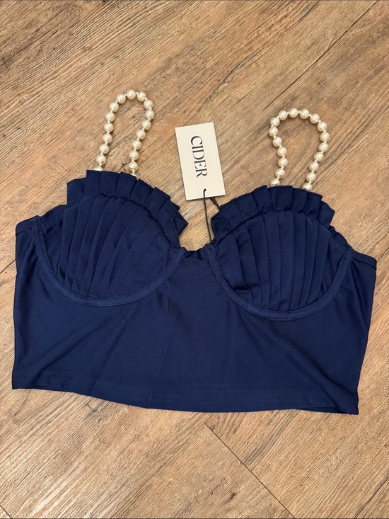 Cider Tops - Cider Navy Pleated Crop Cami with Pearl Straps